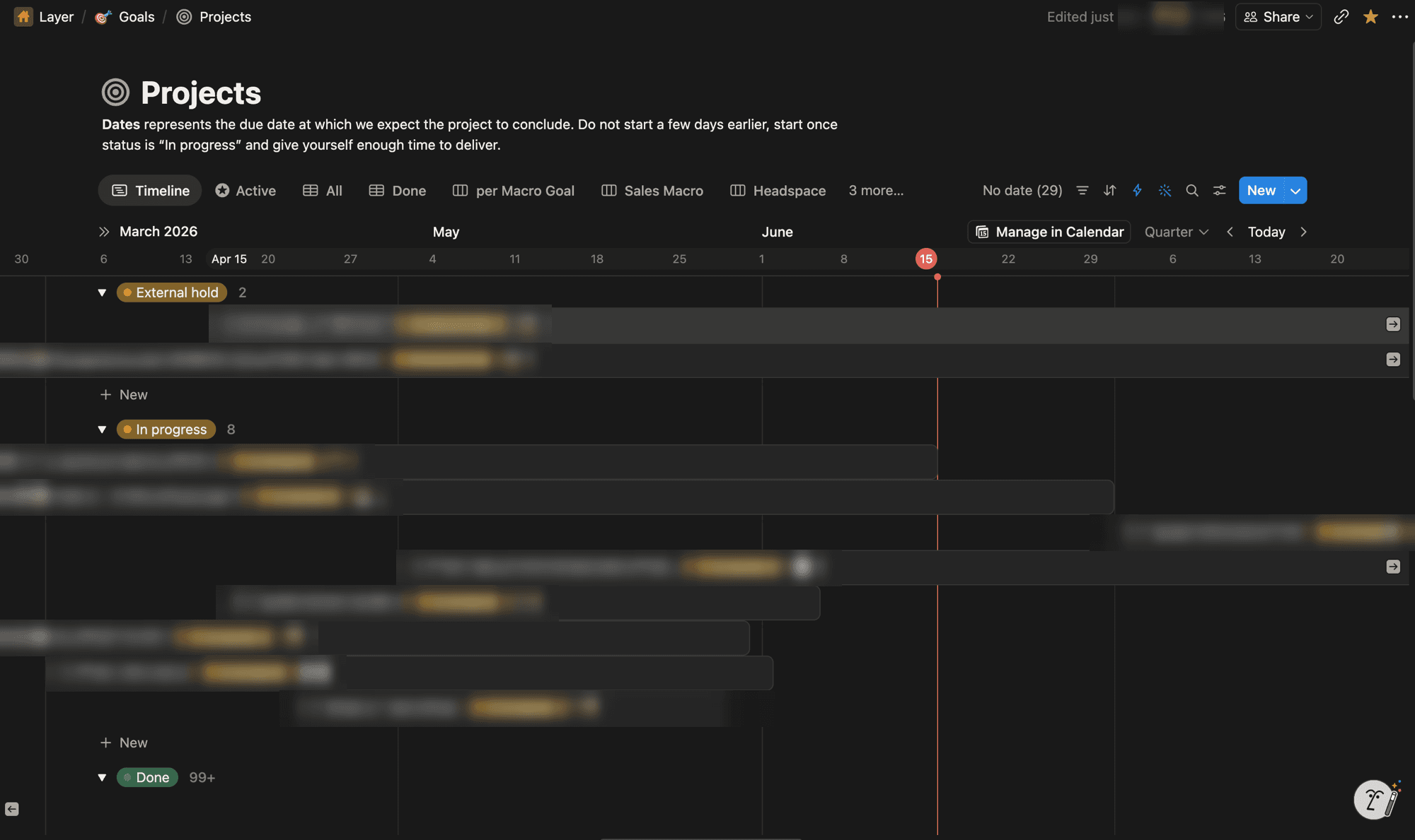 A real Notion timeline of HKR's live projects, names blurred
